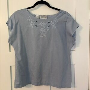 Vintage‎ 90s B.Bronson Blue Linen Eyelet Blouse 14 Cottagecore Scalloped Boho